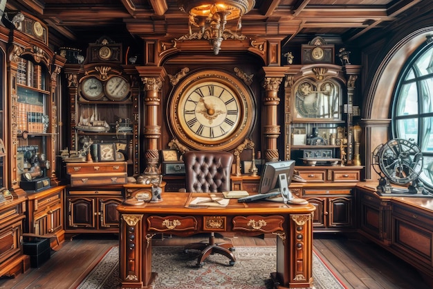 Grande scrivania di legno con orologio