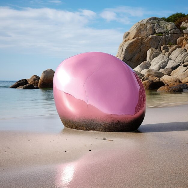 Grande scultura di pietra rosa sulla spiaggia con grandi formazioni rocciose sullo sfondo