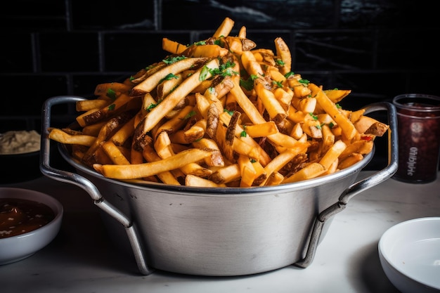 Grande secchio di patatine fritte condite da condividere con gli amici creato con l'IA generativa