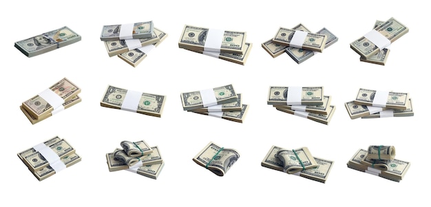 Grande set di pacchi di banconote da un dollaro USA isolate su bianco Collage con molti pacchi di denaro americano ad alta risoluzione su sfondo bianco perfetto
