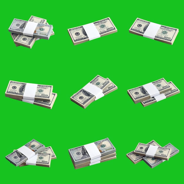 Grande set di pacchi di banconote da un dollaro USA isolate su chroma key verde Collage con molti pacchi di denaro americano ad alta risoluzione su sfondo verde perfetto