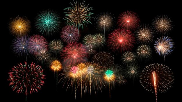 Grande set di vari fuochi d'artificio con scintille brillanti spettacolo pirotecnico colorato celebrazione di fuochi di artificio realistici isolata su sfondo nero illustratore di AI generativa