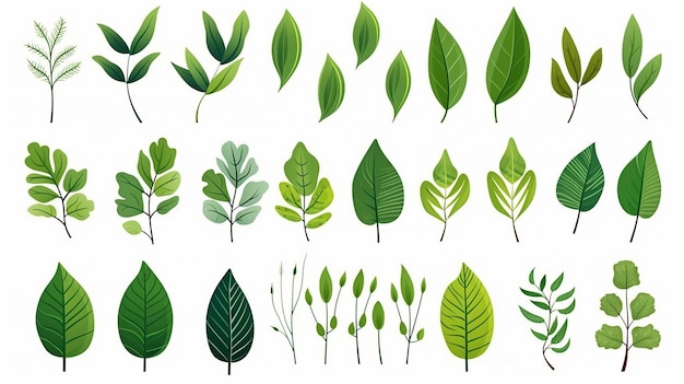 Grande set naturale di foglie verdi tropicali di foglia isolata su sfondo bianco varia diverso dall'illustrazione vettoriale botanica della pianta