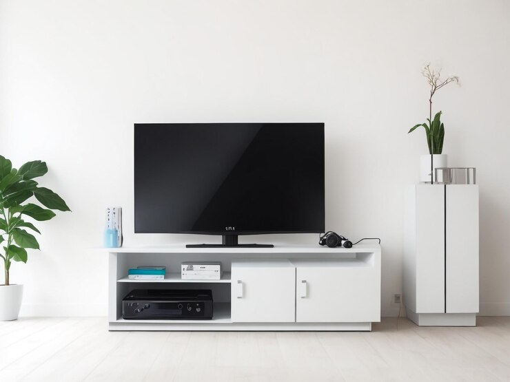 grande Smart TV moderno Mockup su comode in legno soggiorno con parete grigia rendering 3D