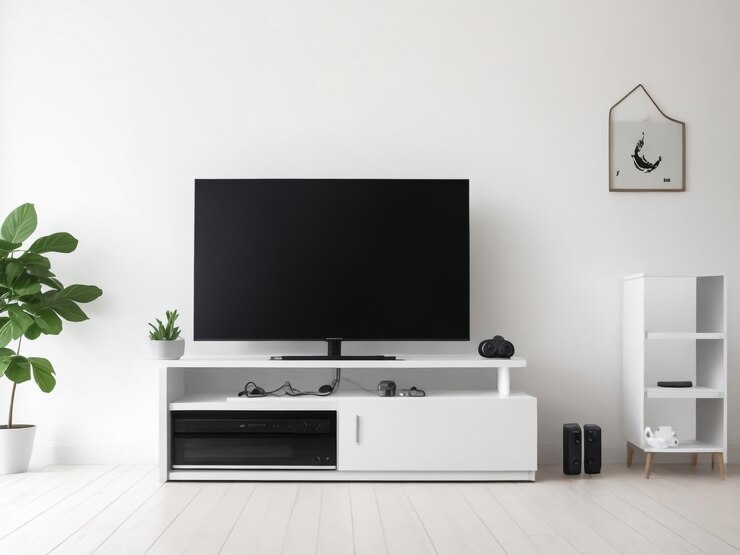 grande Smart TV moderno Mockup su comode in legno soggiorno con parete grigia rendering 3D