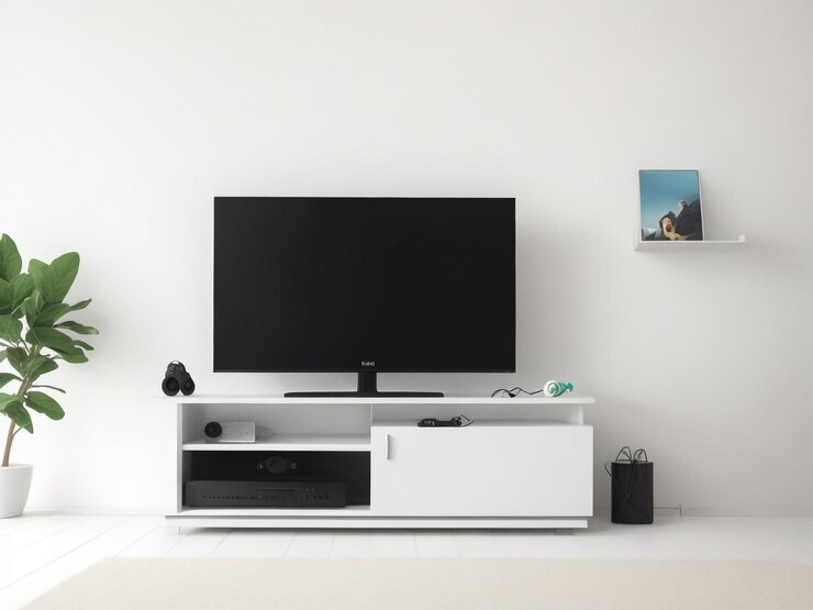 grande Smart TV moderno Mockup su comode in legno soggiorno con parete grigia rendering 3D