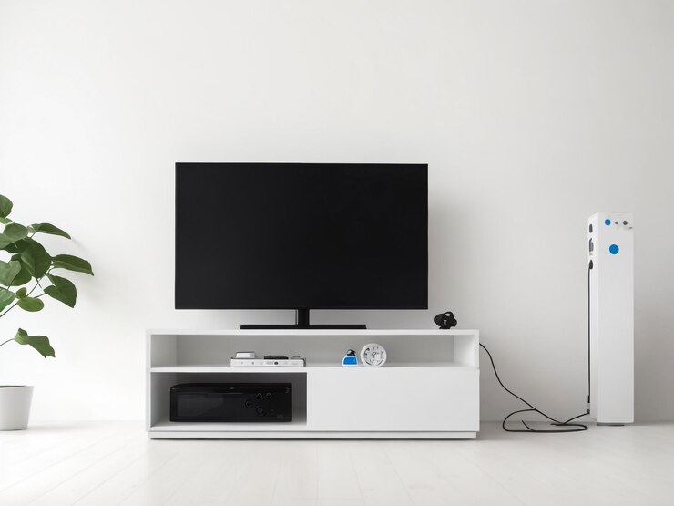 grande Smart TV moderno Mockup su comode in legno soggiorno con parete grigia rendering 3D