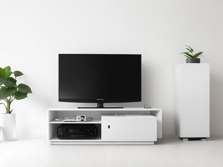 grande Smart TV moderno Mockup su comode in legno soggiorno con parete grigia rendering 3D