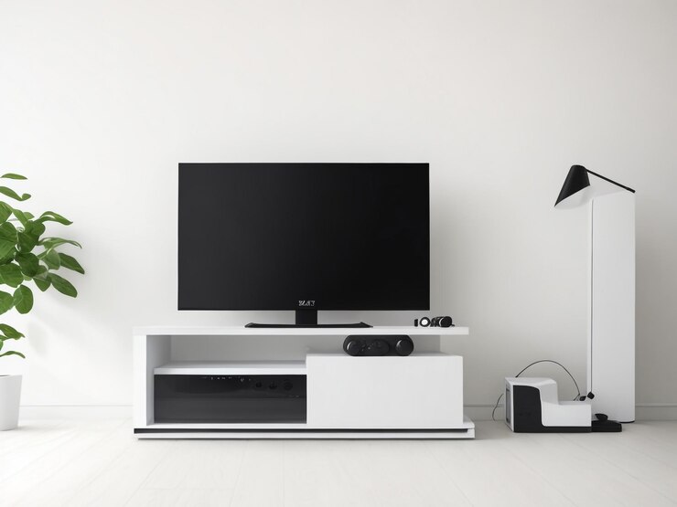 grande Smart TV moderno Mockup su comode in legno soggiorno con parete grigia rendering 3D