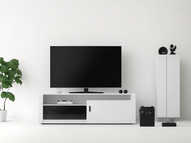 grande Smart TV moderno Mockup su comode in legno soggiorno con parete grigia rendering 3D
