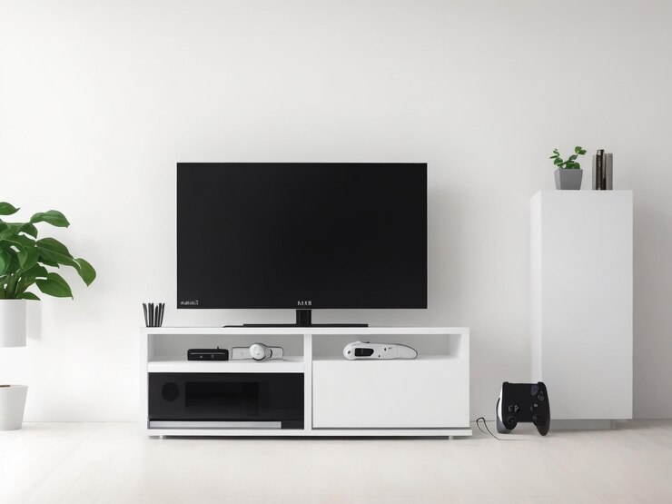 grande Smart TV moderno Mockup su comode in legno soggiorno con parete grigia rendering 3D