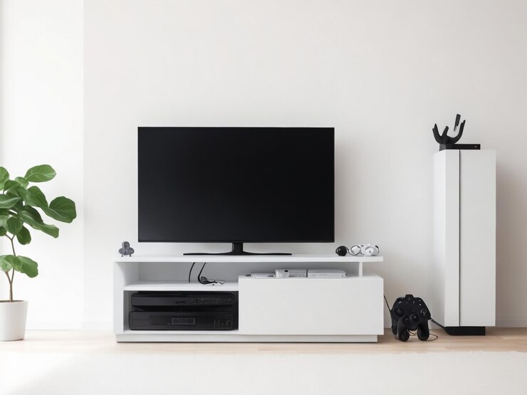 grande Smart TV moderno Mockup su comode in legno soggiorno con parete grigia rendering 3D