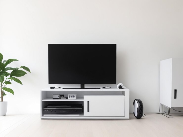 grande Smart TV moderno Mockup su comode in legno soggiorno con parete grigia rendering 3D