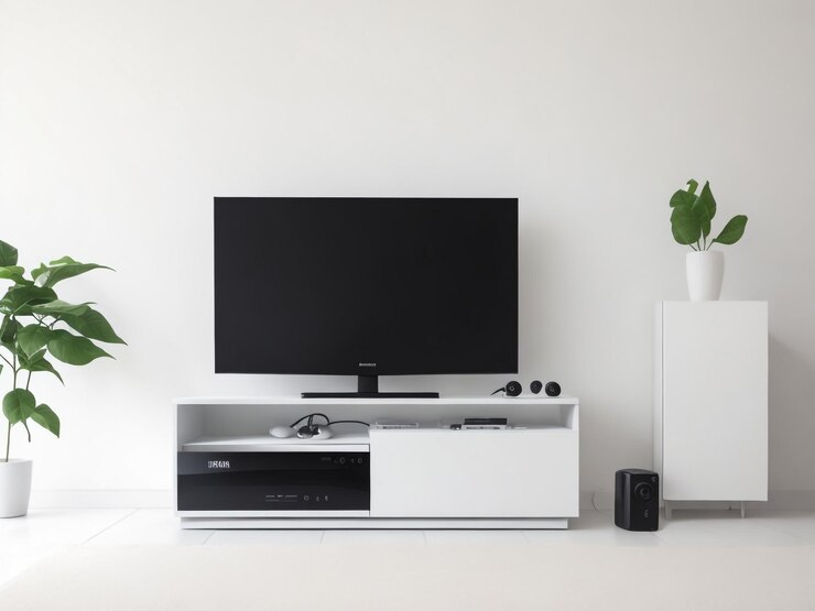 grande Smart TV moderno Mockup su comode in legno soggiorno con parete grigia rendering 3D