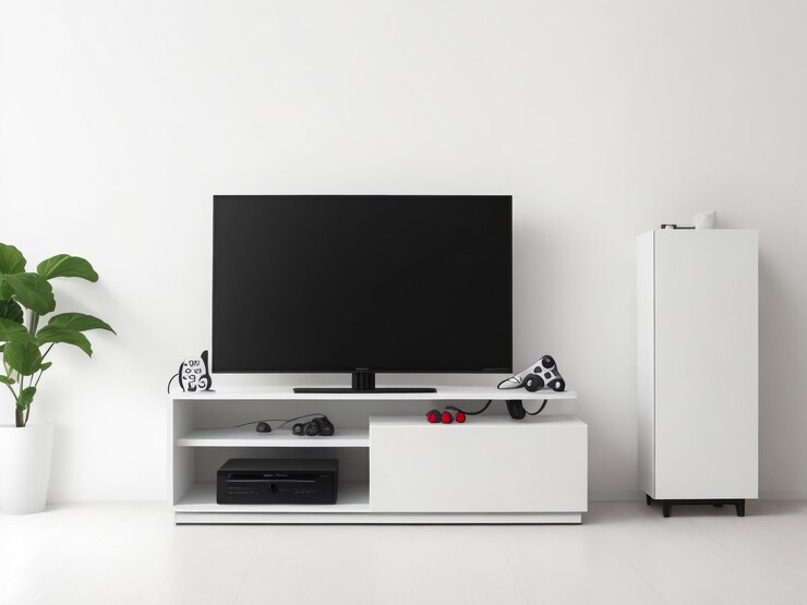 grande Smart TV moderno Mockup su comode in legno soggiorno con parete grigia rendering 3D