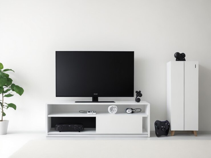 grande Smart TV moderno Mockup su comode in legno soggiorno con parete grigia rendering 3D