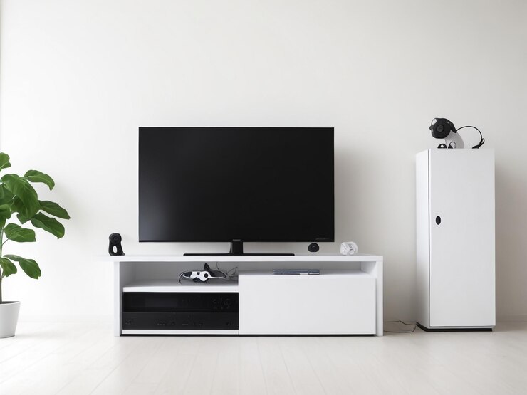 grande Smart TV moderno Mockup su comode in legno soggiorno con parete grigia rendering 3D