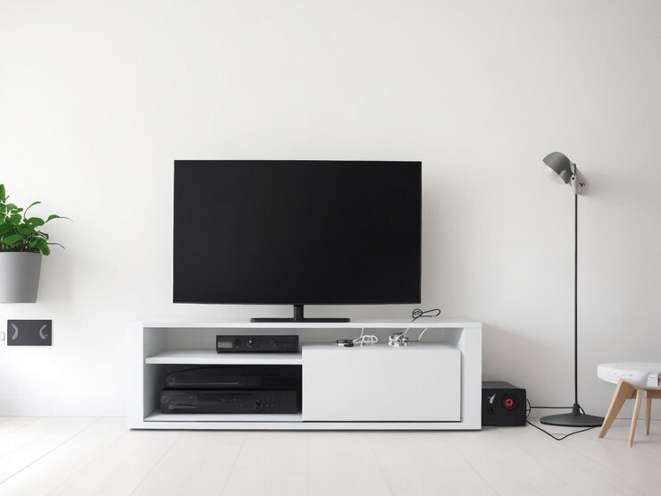 grande Smart TV moderno Mockup su comode in legno soggiorno con parete grigia rendering 3D