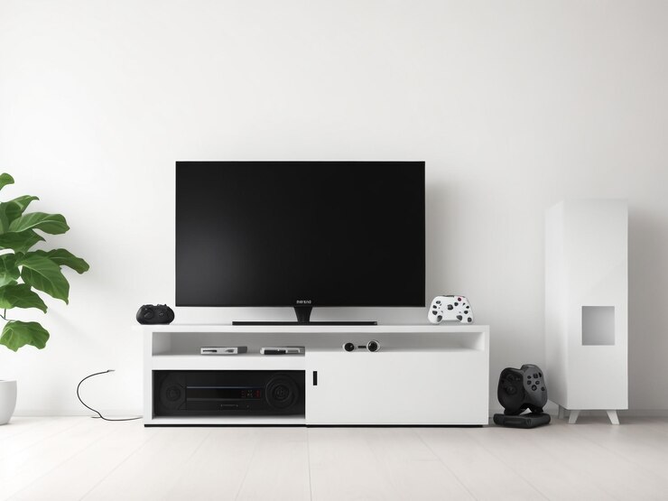 grande Smart TV moderno Mockup su comode in legno soggiorno con parete grigia rendering 3D