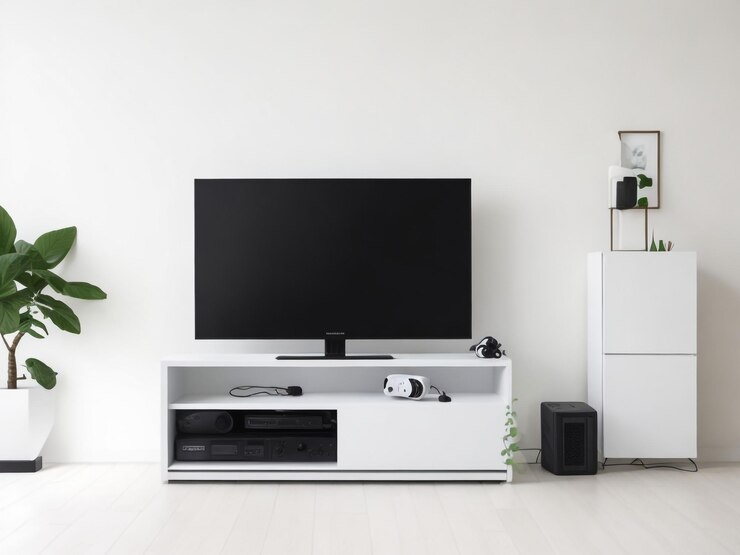 grande Smart TV moderno Mockup su comode in legno soggiorno con parete grigia rendering 3D