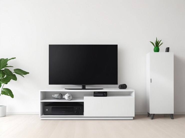 grande Smart TV moderno Mockup su comode in legno soggiorno con parete grigia rendering 3D