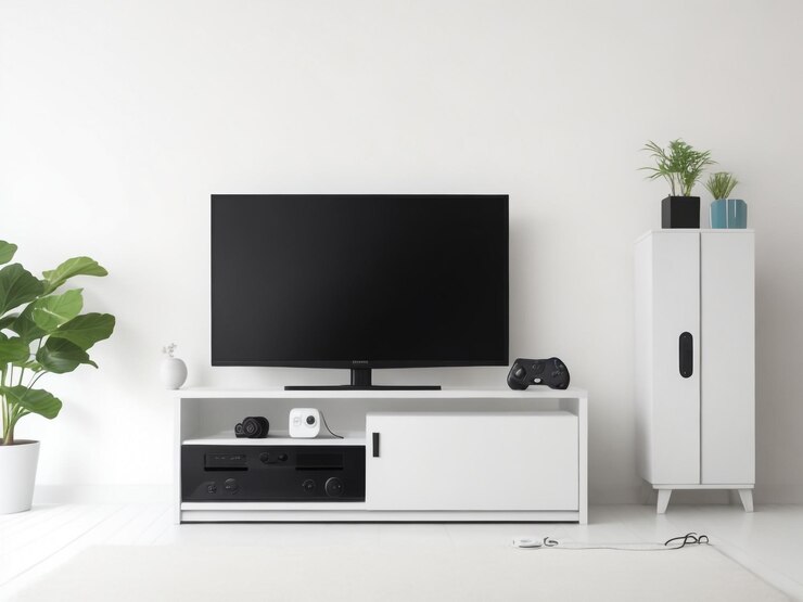 grande Smart TV moderno Mockup su comode in legno soggiorno con parete grigia rendering 3D