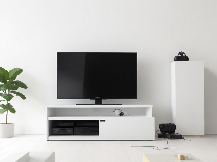 grande Smart TV moderno Mockup su comode in legno soggiorno con parete grigia rendering 3D