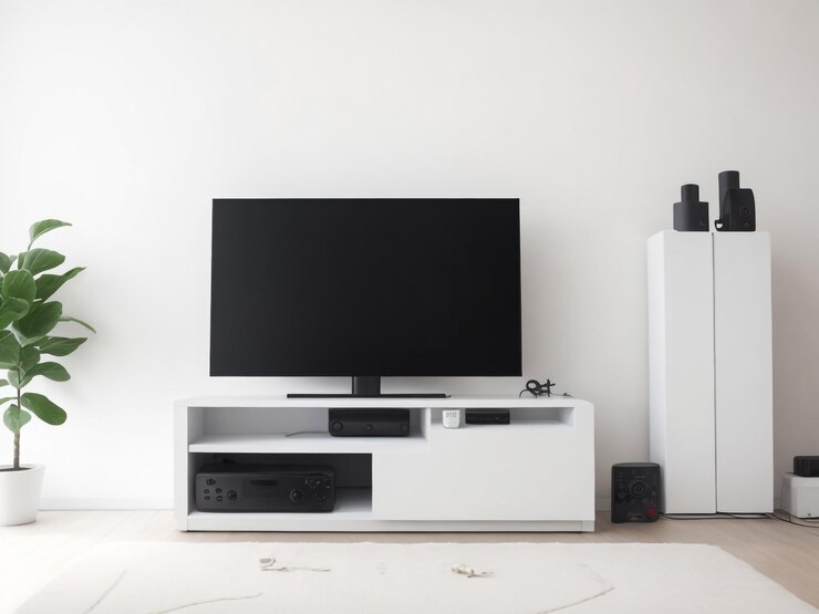 grande Smart TV moderno Mockup su comode in legno soggiorno con parete grigia rendering 3D