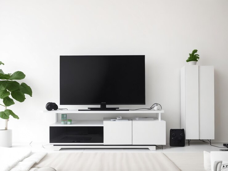 grande Smart TV moderno Mockup su comode in legno soggiorno con parete grigia rendering 3D