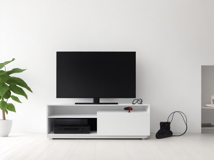 grande Smart TV moderno Mockup su comode in legno soggiorno con parete grigia rendering 3D
