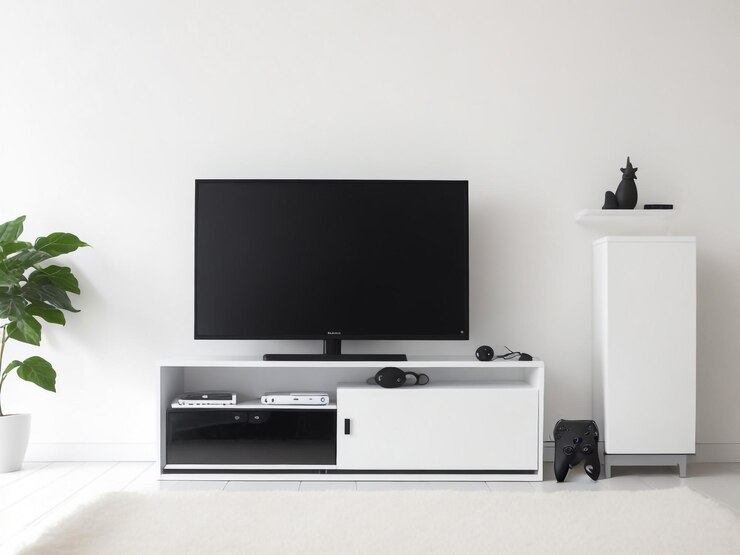 grande Smart TV moderno Mockup su comode in legno soggiorno con parete grigia rendering 3D