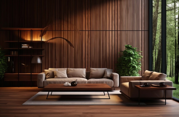 grande soggiorno con pannelli di legno softa divano