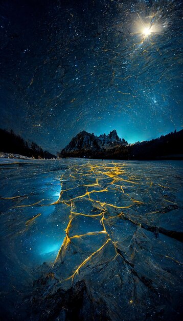 Grande specchio d'acqua con una montagna sullo sfondo AI generativo