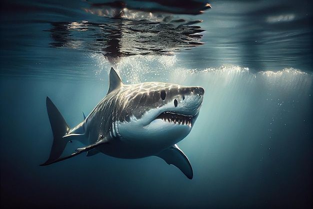 Grande squalo bianco che nuota sott'acqua nell'oceano blu profondo generativo ai
