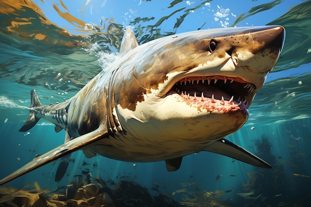 Grande squalo bianco con la bocca aperta in acqua AI generativa