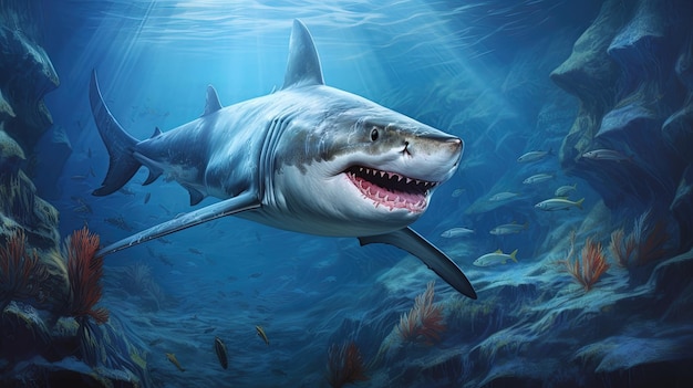 Grande squalo bianco sott'acqua generato dall'intelligenza artificiale