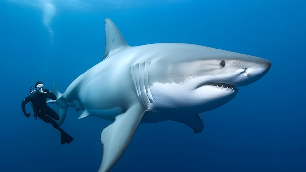 Grande squalo e subacqueo nell'oceano profondo Avventura subacquea generata dall'intelligenza artificiale