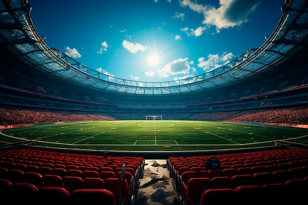 Grande stadio di calcio con luci intense e scatole VIP generative ai