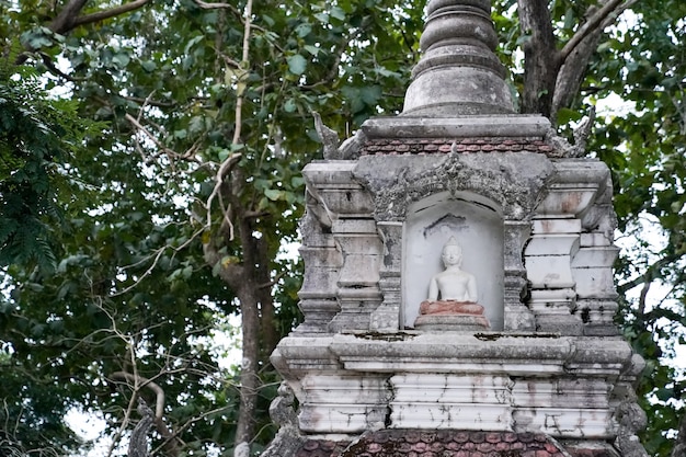 Grande statua del Buddha bianco con il vecchio muro di fondo.