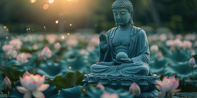 Grande statua di Buddha in pietra con fiori di loto all'aperto ai generato