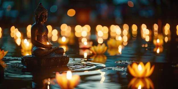 Grande statua di Buddha in pietra con fiori di loto all'aperto in natura ai generato