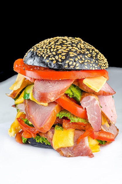grande stile rustico, panino o hamburger, con pane nero o panino, con diversi tipi di carne, lardo