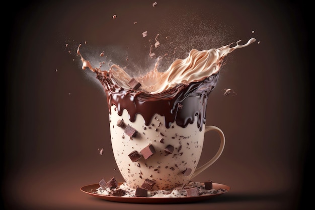 Grande tazza di latte riempita con cioccolato fondente caldo e spruzzata di cioccolato