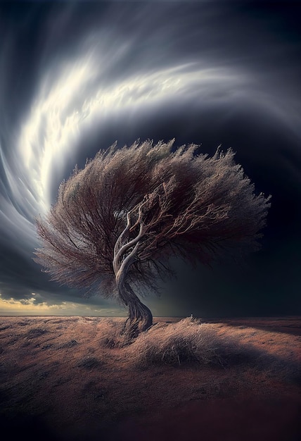 Grande tempesta che soffia grande albero nel deserto arido in condizioni di siccità Creato con la tecnologia generativa AI