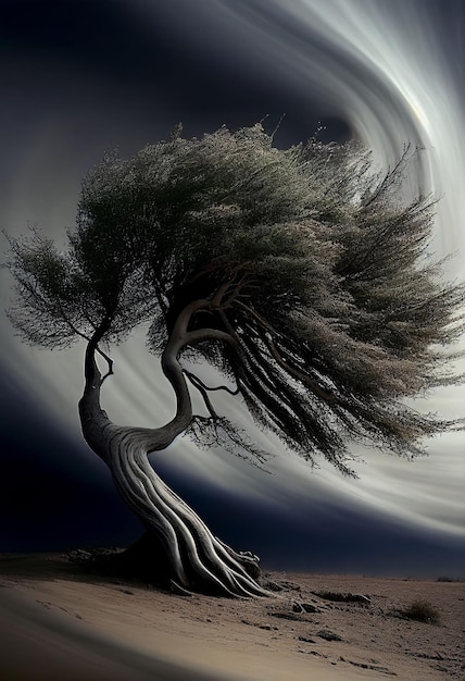 Grande tempesta che soffia grande albero nel deserto arido in condizioni di siccità Creato con la tecnologia generativa AI