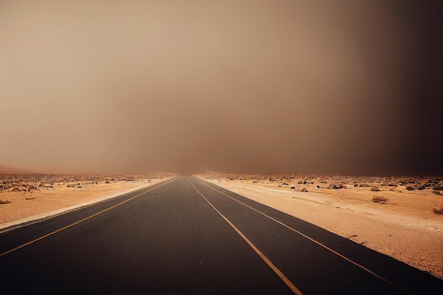 Grande tempesta di sabbia formata da una nuvola grigia su strada nel deserto