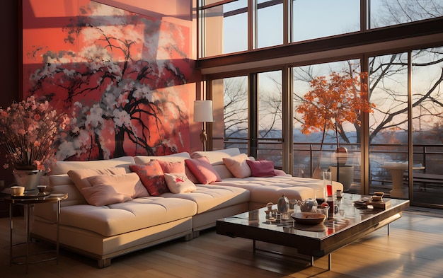 Grande terrazza cinese con divano, fiore e albero di vetro trasparente