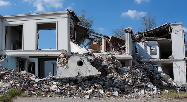 Grande terremoto tutto sul suo cammino in una città con macerie di giorno in alta risoluzione e nitidezza