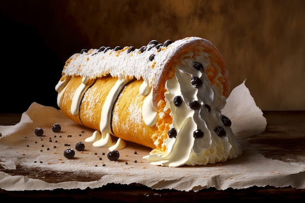 Grande tubo di cannoli con scaglie di cioccolato crema dolce e zucchero a velo su sfondo scuro