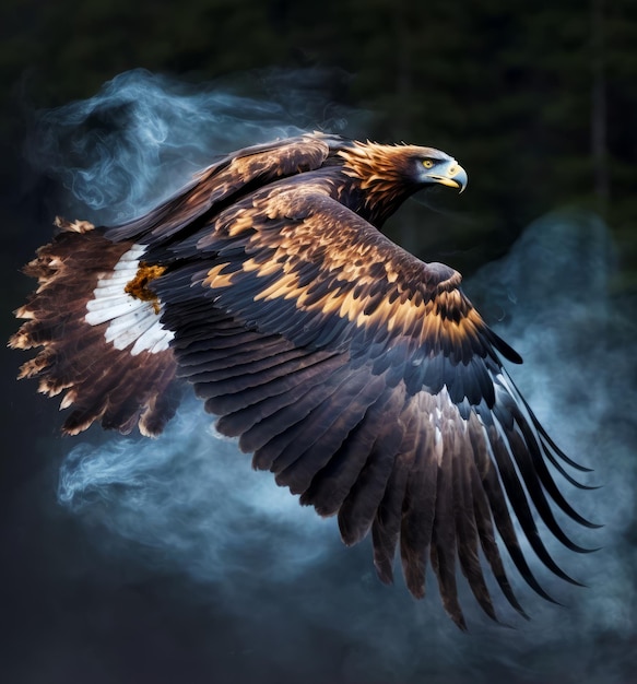 Grande uccello che vola in aria con il fumo che esce dalle sue ali IA generativa